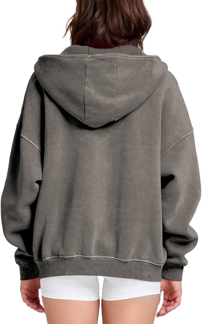 Womens Zip Up Hoodie Oversized Acid Wash Sweatshirts Heavyweight Fall Fashion Outfits Casual Jackets Winter Clothes