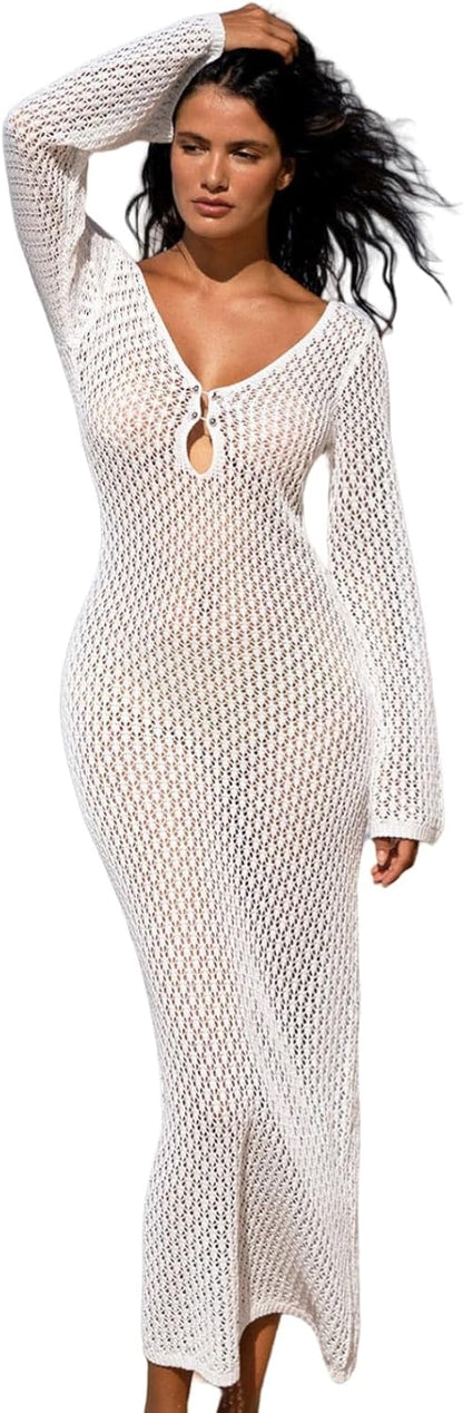 Womens V Neck Bell Sleeve Crochet Maxi Dresses Long Dress Hollow Out Summer Beach Vacation Cover Up