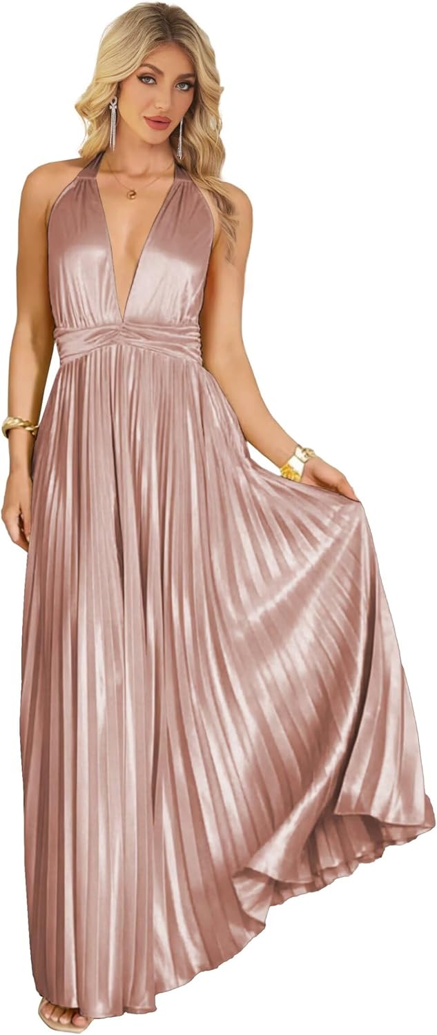 Satin Prom Dress with V-Neck 2026 A-line Sleeveless Backless Halter Ruched Cocktail Party Dress NT38