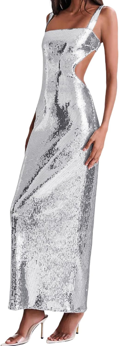 Women's Sequin Bodycon Maxi Dress Cut Out Waist Open Back Sparkly Long Dress Sexy Backless Cocktail Party Dresses