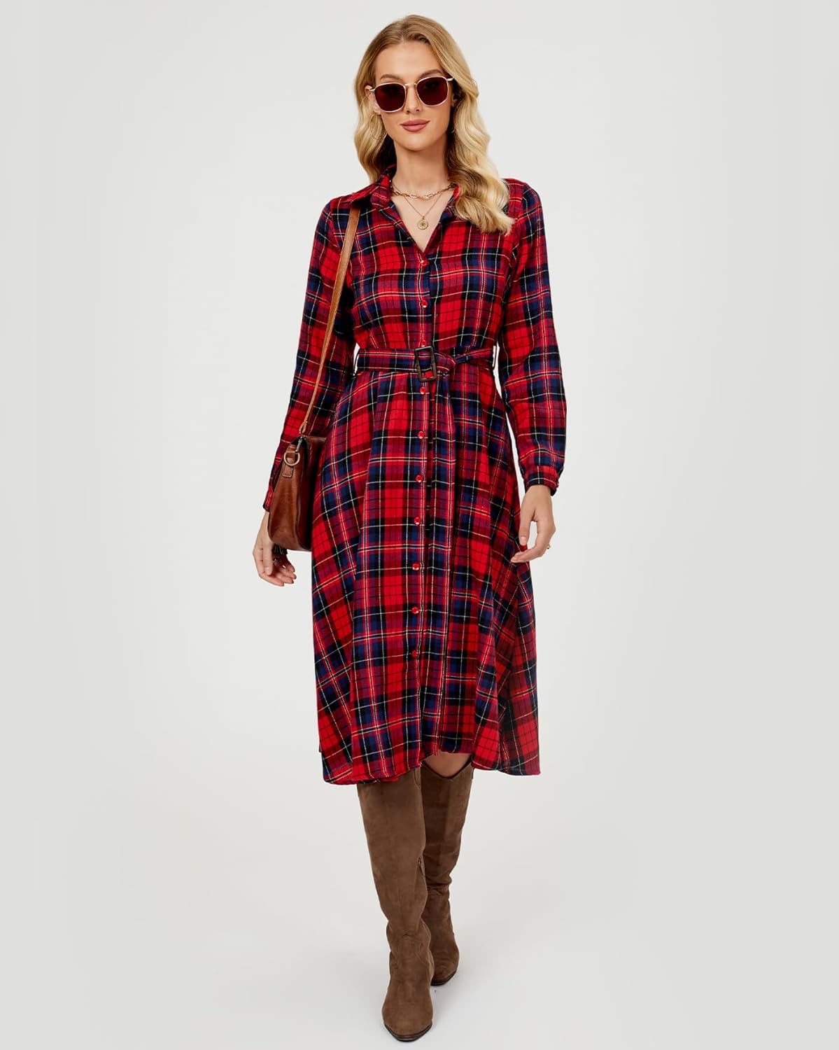 Women's Plaid Maxi Dress Long Sleeve Collared Flannel Belted Button Down Shirt Long Dress Christmas Dress