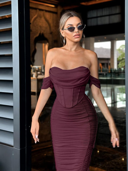 Women's Off The Shoulder Cocktail Midi Dress Built-in Bra Ruched Bodycon Corset Fall Homecoming Wedding Guest