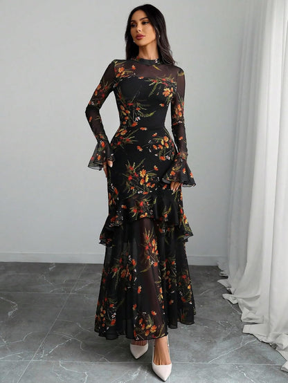 GothDark Womens Floral Maxi Dress Sheer Mesh Bell Sleeve Tiered Ruffle Gothic Romantic Casual Long Dresses