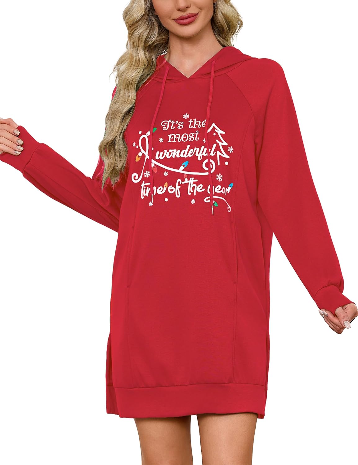 Quenteen Hoodie Dress for Women Sweatshirt Dress Oversized Casual Split Hem 2025 Fall Winter Pullover Dresses with Pockets