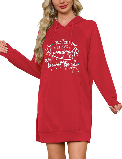 Quenteen Hoodie Dress for Women Sweatshirt Dress Oversized Casual Split Hem 2025 Fall Winter Pullover Dresses with Pockets