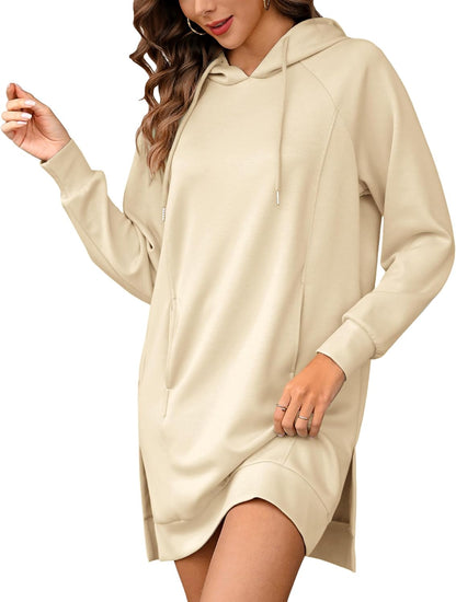 Quenteen Hoodie Dress for Women Sweatshirt Dress Oversized Casual Split Hem 2025 Fall Winter Pullover Dresses with Pockets