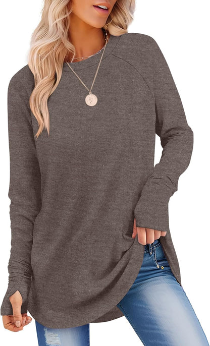 Womens Long Sleeve Shirts Crew Neck Tunic Tops to Wear with Leggings Casual Loose Fit Thumb Hole T-Shirts