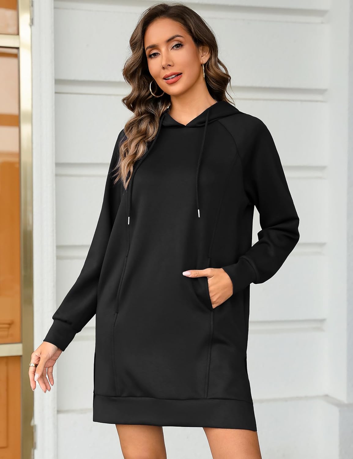 Quenteen Hoodie Dress for Women Sweatshirt Dress Oversized Casual Split Hem 2025 Fall Winter Pullover Dresses with Pockets