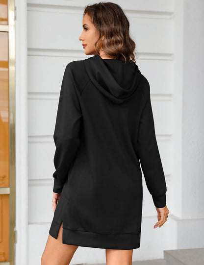 Quenteen Hoodie Dress for Women Sweatshirt Dress Oversized Casual Split Hem 2025 Fall Winter Pullover Dresses with Pockets
