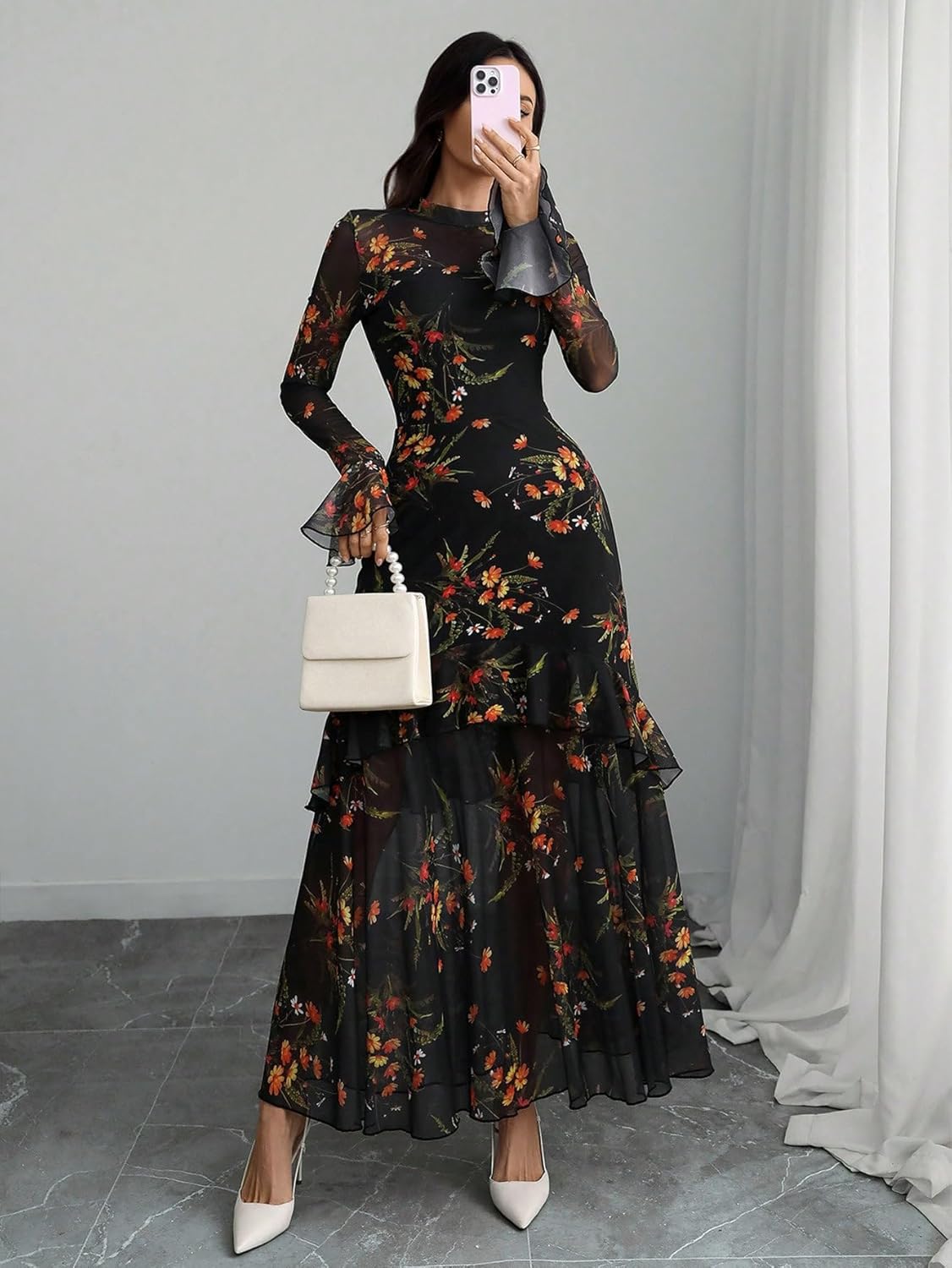 GothDark Womens Floral Maxi Dress Sheer Mesh Bell Sleeve Tiered Ruffle Gothic Romantic Casual Long Dresses
