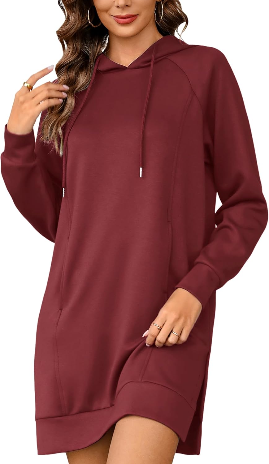 Quenteen Hoodie Dress for Women Sweatshirt Dress Oversized Casual Split Hem 2025 Fall Winter Pullover Dresses with Pockets