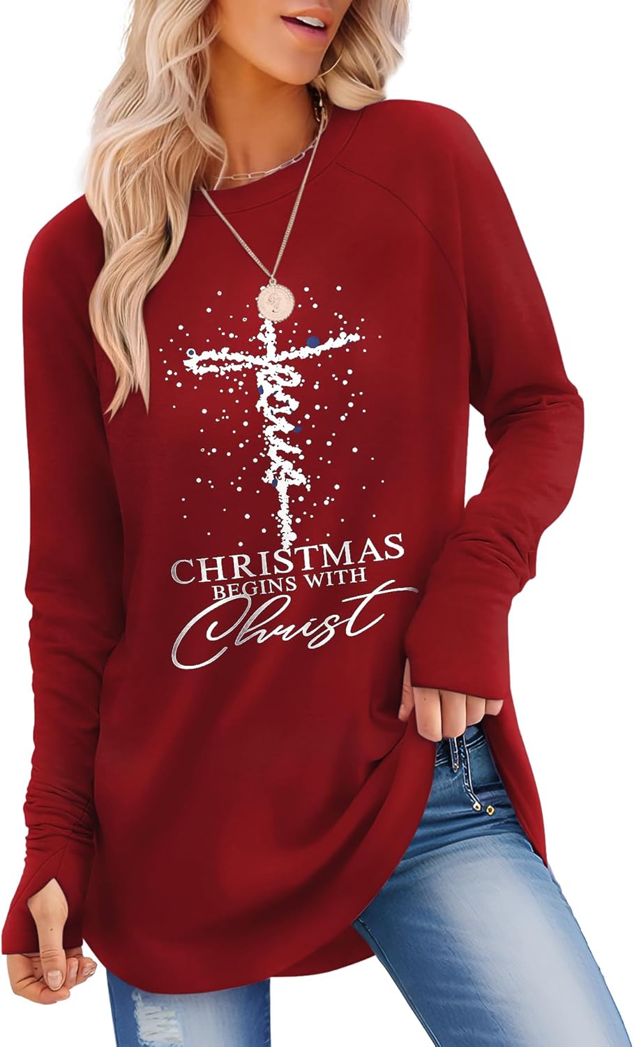 Womens Long Sleeve Shirts Crew Neck Tunic Tops to Wear with Leggings Casual Loose Fit Thumb Hole T-Shirts