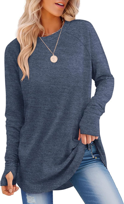 Womens Long Sleeve Shirts Crew Neck Tunic Tops to Wear with Leggings Casual Loose Fit Thumb Hole T-Shirts