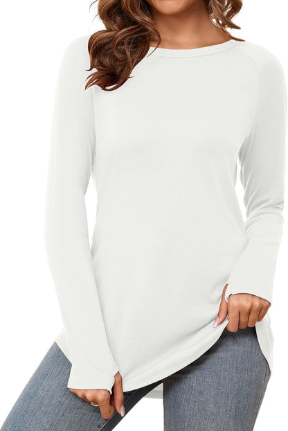 Womens Long Sleeve Shirts Crew Neck Tunic Tops to Wear with Leggings Casual Loose Fit Thumb Hole T-Shirts
