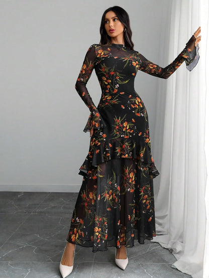 GothDark Womens Floral Maxi Dress Sheer Mesh Bell Sleeve Tiered Ruffle Gothic Romantic Casual Long Dresses