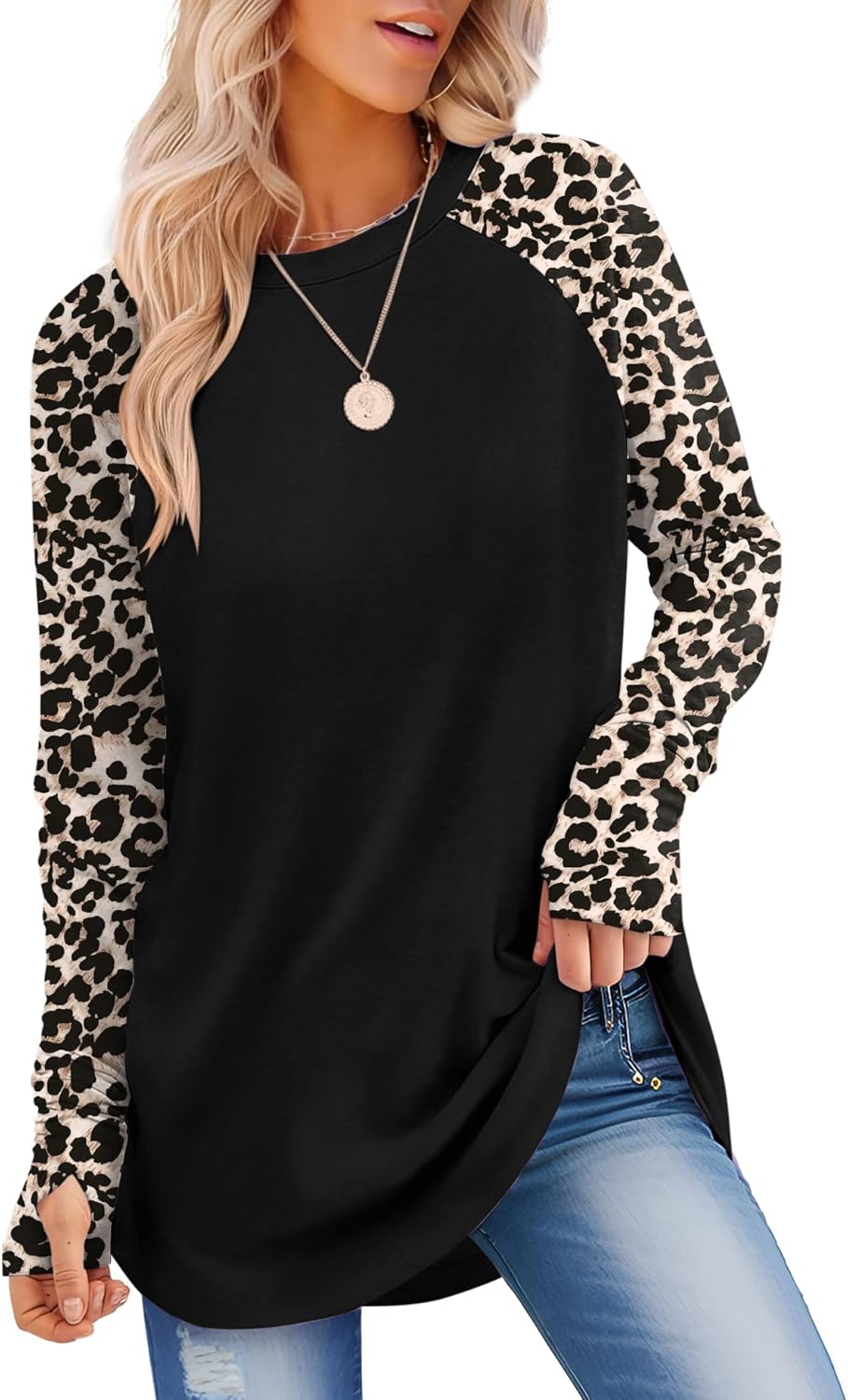 Womens Long Sleeve Shirts Crew Neck Tunic Tops to Wear with Leggings Casual Loose Fit Thumb Hole T-Shirts