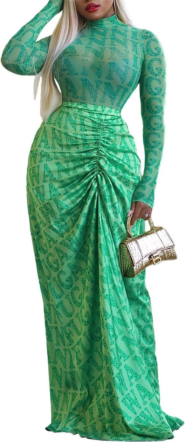 ksotutm Maxi Skirt Set Letter Print Mesh Top Long Seleeve Maxi Skirt Sexy Going Out Outfits for Women Two Piece Sets