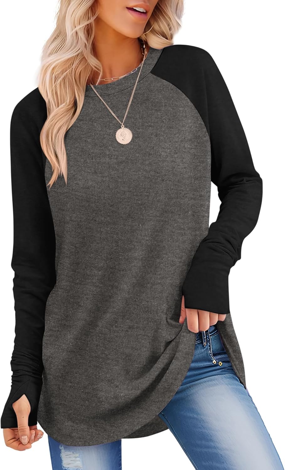 Womens Long Sleeve Shirts Crew Neck Tunic Tops to Wear with Leggings Casual Loose Fit Thumb Hole T-Shirts