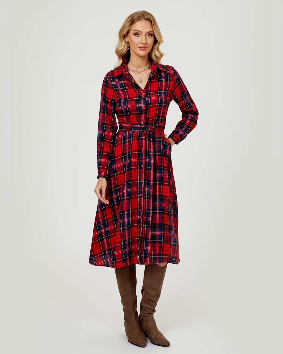 Women's Plaid Maxi Dress Long Sleeve Collared Flannel Belted Button Down Shirt Long Dress Christmas Dress