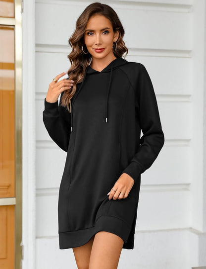 Quenteen Hoodie Dress for Women Sweatshirt Dress Oversized Casual Split Hem 2025 Fall Winter Pullover Dresses with Pockets