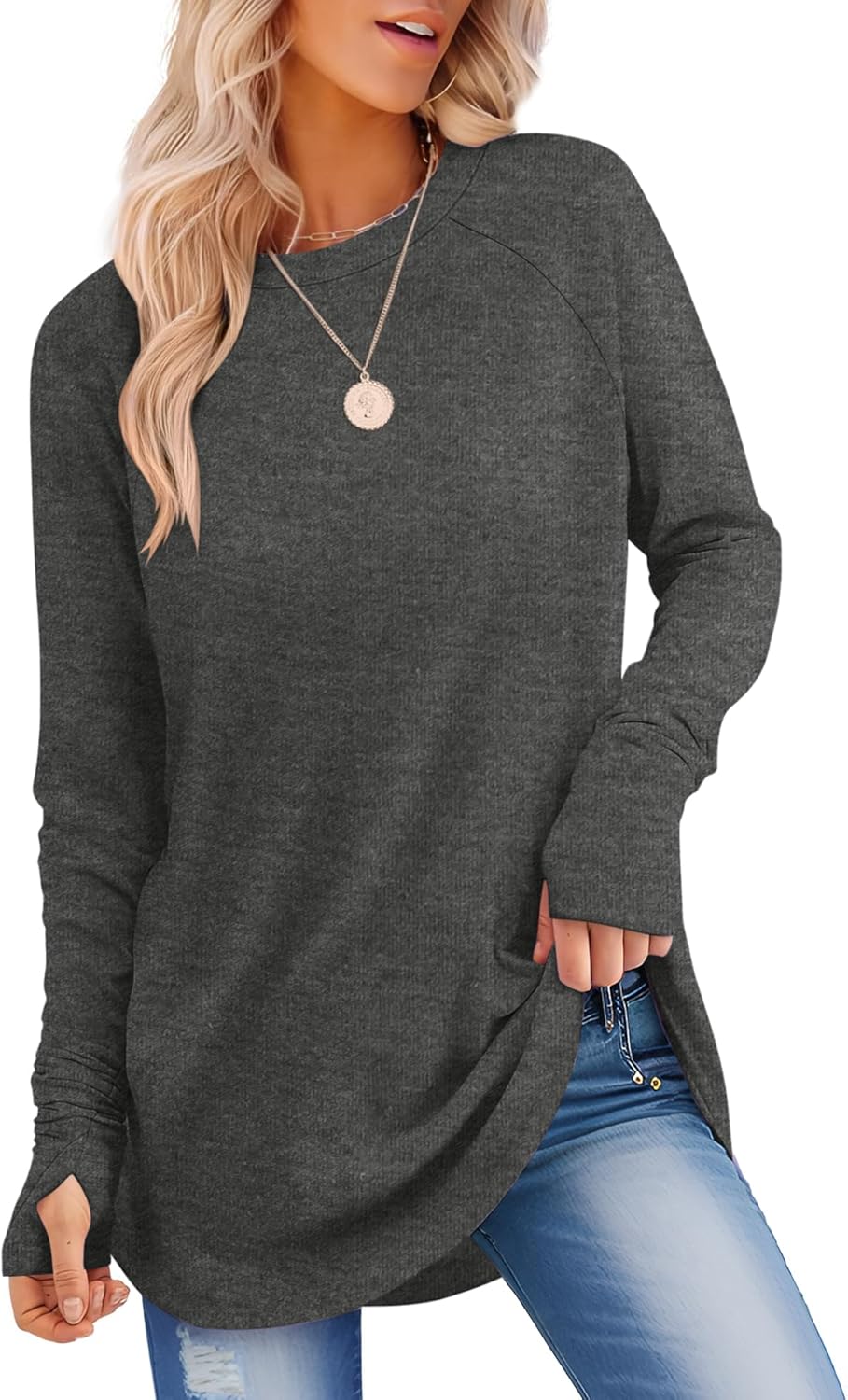 Womens Long Sleeve Shirts Crew Neck Tunic Tops to Wear with Leggings Casual Loose Fit Thumb Hole T-Shirts