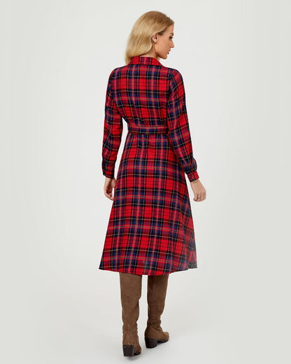 Women's Plaid Maxi Dress Long Sleeve Collared Flannel Belted Button Down Shirt Long Dress Christmas Dress