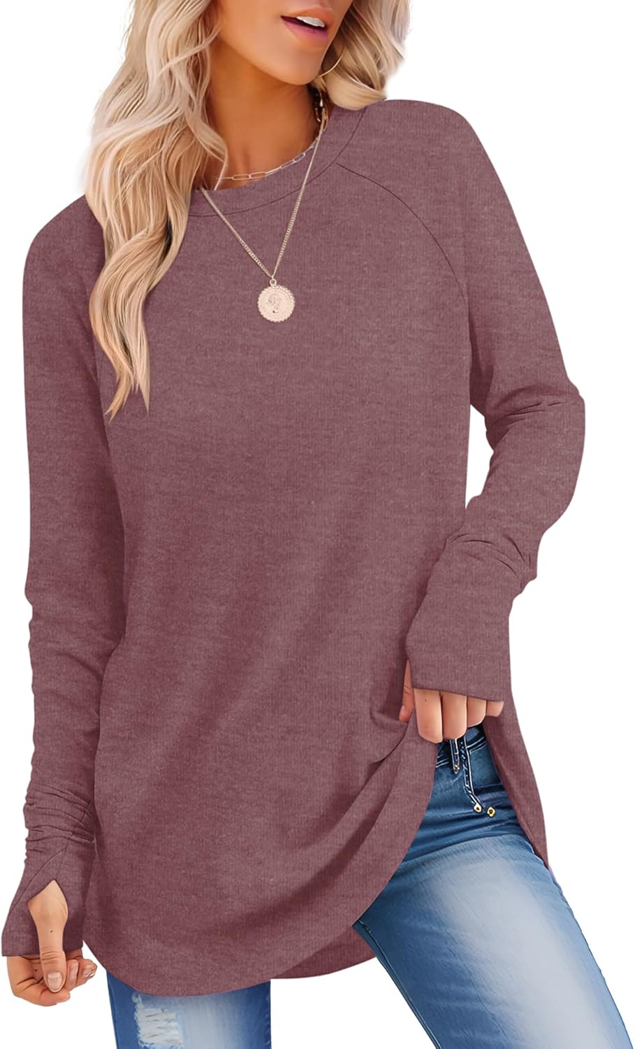 Womens Long Sleeve Shirts Crew Neck Tunic Tops to Wear with Leggings Casual Loose Fit Thumb Hole T-Shirts