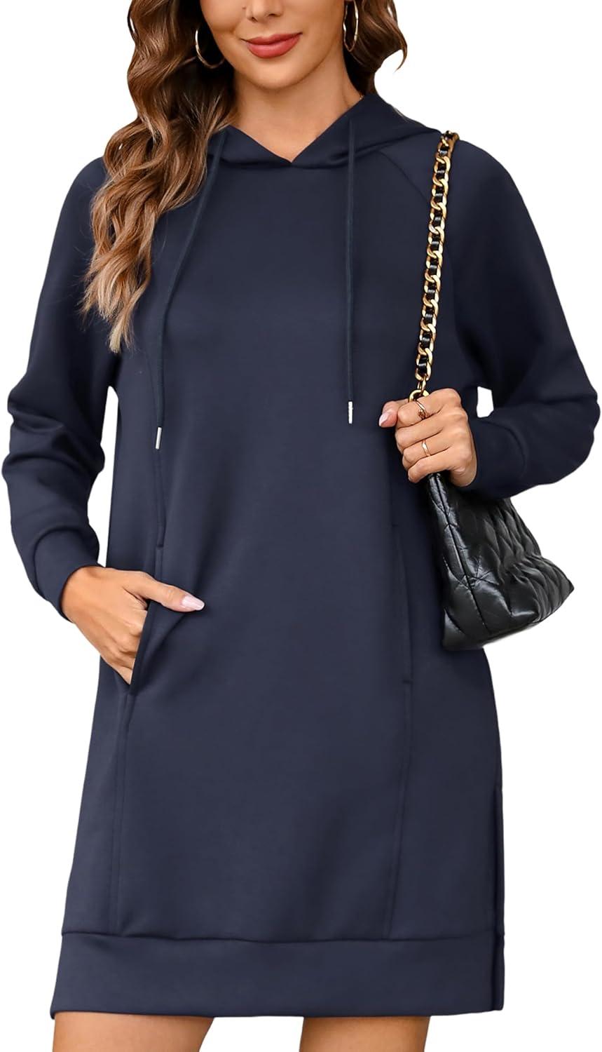 Quenteen Hoodie Dress for Women Sweatshirt Dress Oversized Casual Split Hem 2025 Fall Winter Pullover Dresses with Pockets
