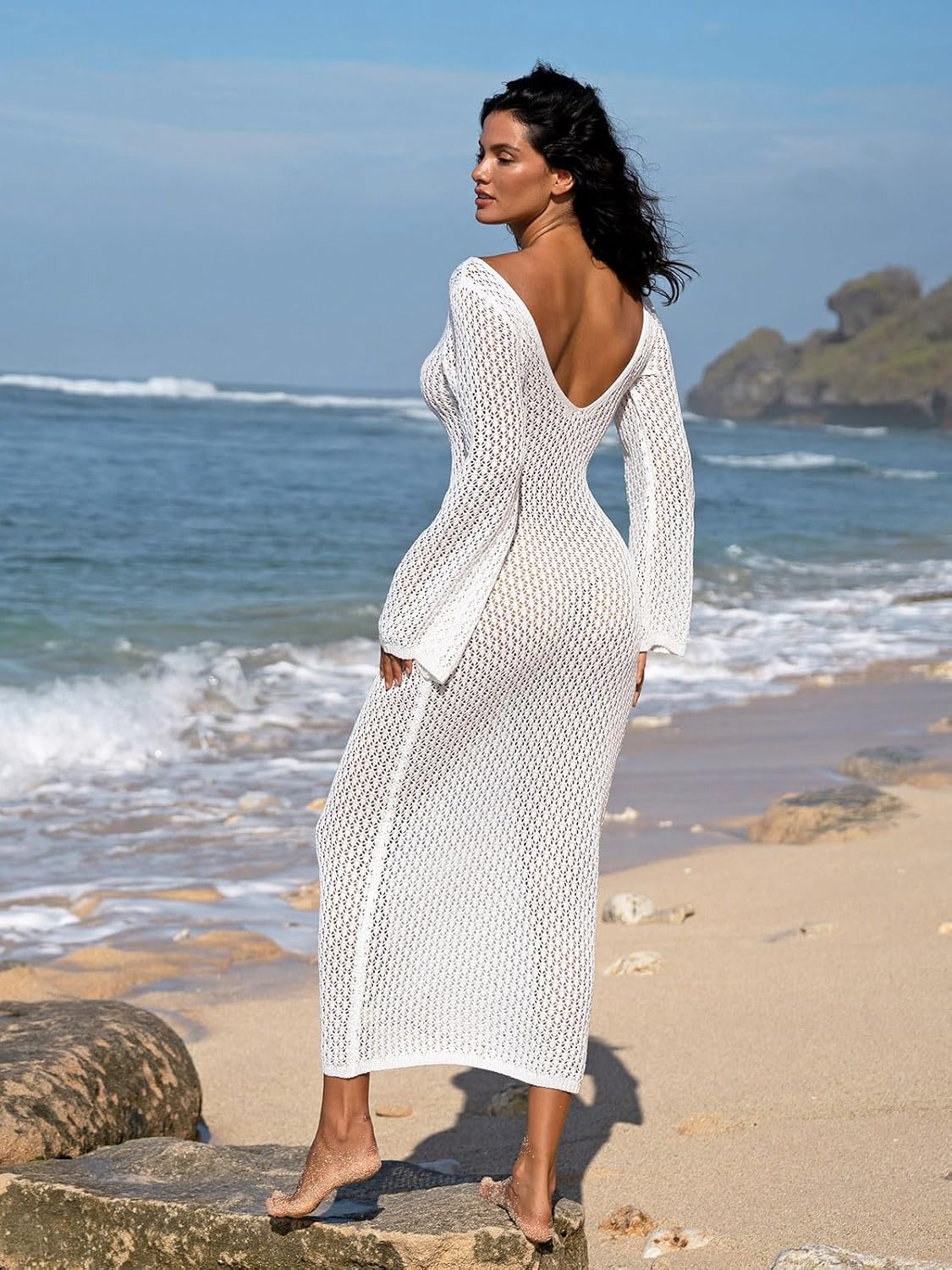 Womens V Neck Bell Sleeve Crochet Maxi Dresses Long Dress Hollow Out Summer Beach Vacation Cover Up