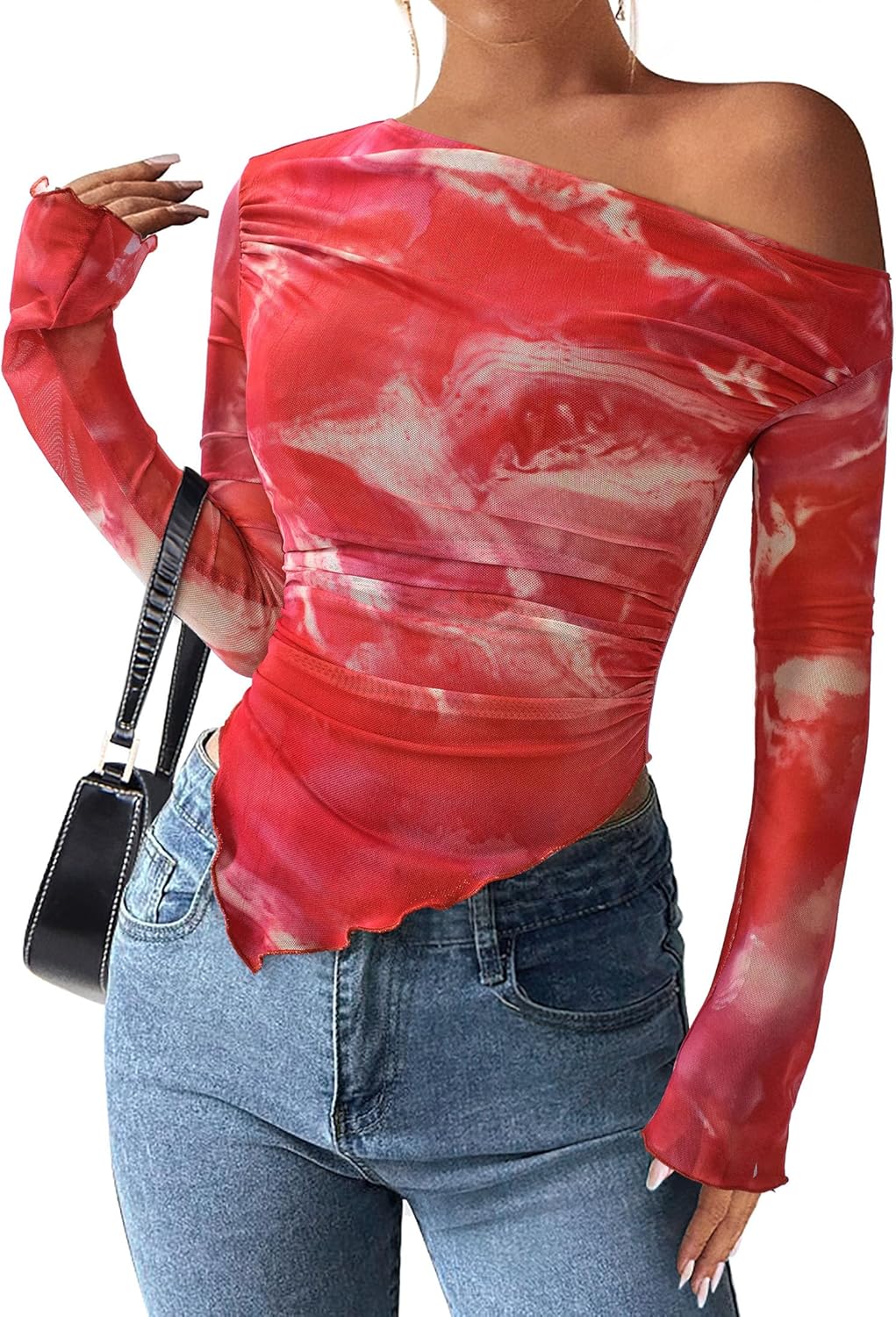 Womens Fall Trendy Off Shoulder Y2k Tops 2025 Tie Dye Mesh Long Sleeve Shirts Asymmetrical Ruched Floral Blouse