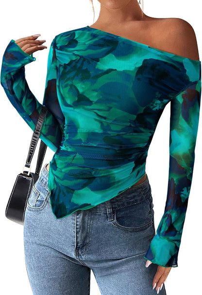 Womens Fall Trendy Off Shoulder Y2k Tops 2025 Tie Dye Mesh Long Sleeve Shirts Asymmetrical Ruched Floral Blouse
