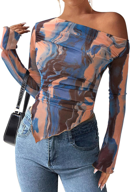 Womens Fall Trendy Off Shoulder Y2k Tops 2025 Tie Dye Mesh Long Sleeve Shirts Asymmetrical Ruched Floral Blouse