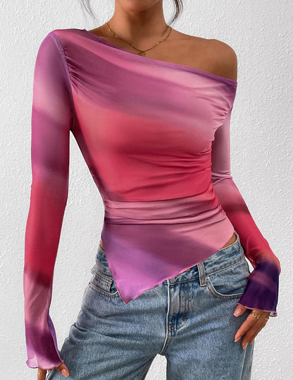 Womens Fall Trendy Off Shoulder Y2k Tops 2025 Tie Dye Mesh Long Sleeve Shirts Asymmetrical Ruched Floral Blouse