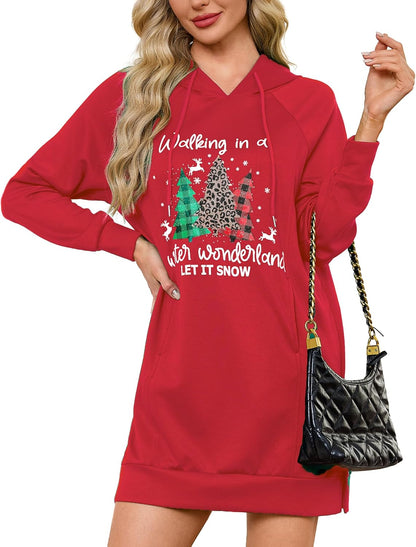 Quenteen Hoodie Dress for Women Sweatshirt Dress Oversized Casual Split Hem 2025 Fall Winter Pullover Dresses with Pockets