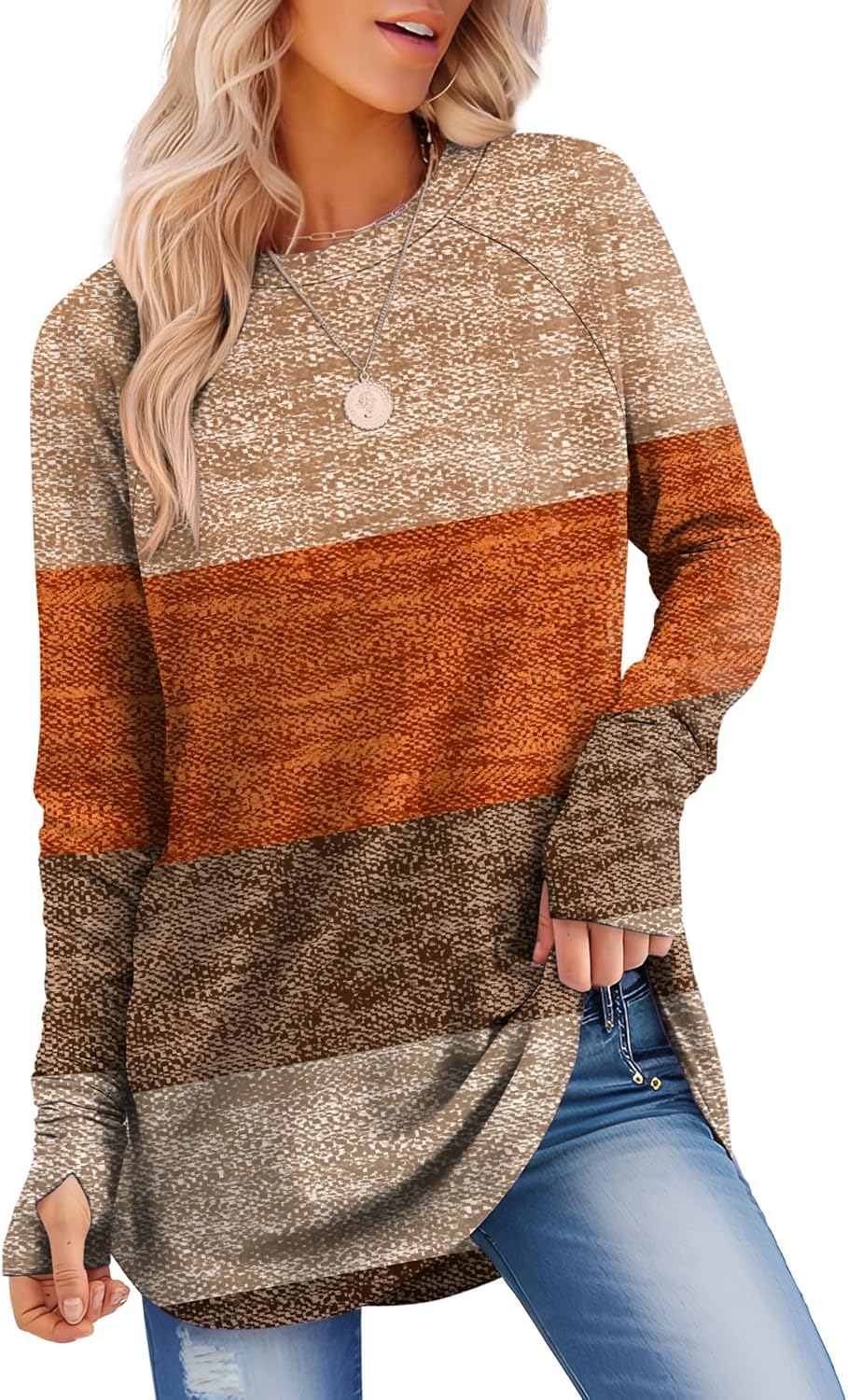 Womens Long Sleeve Shirts Crew Neck Tunic Tops to Wear with Leggings Casual Loose Fit Thumb Hole T-Shirts