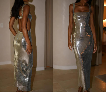 Women's Sequin Bodycon Maxi Dress Cut Out Waist Open Back Sparkly Long Dress Sexy Backless Cocktail Party Dresses