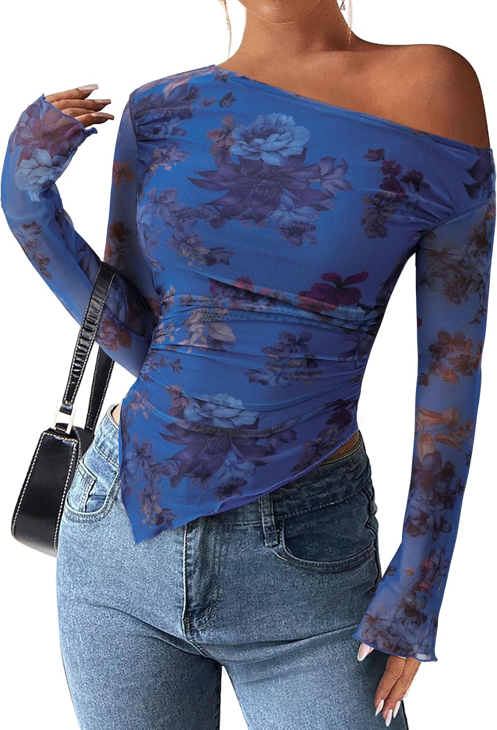 Womens Fall Trendy Off Shoulder Y2k Tops 2025 Tie Dye Mesh Long Sleeve Shirts Asymmetrical Ruched Floral Blouse