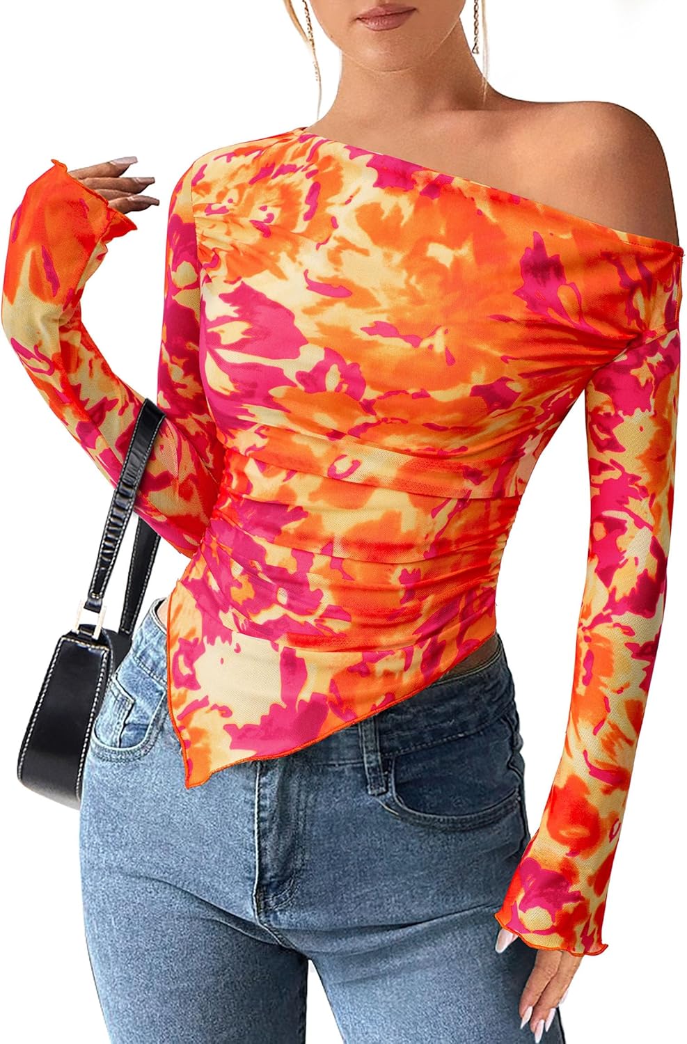Womens Fall Trendy Off Shoulder Y2k Tops 2025 Tie Dye Mesh Long Sleeve Shirts Asymmetrical Ruched Floral Blouse