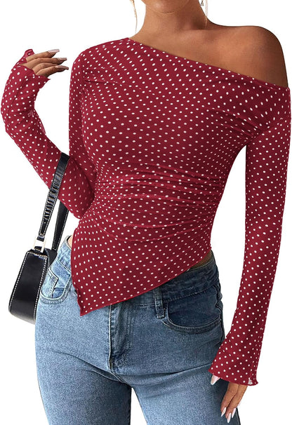 Womens Fall Trendy Off Shoulder Y2k Tops 2025 Tie Dye Mesh Long Sleeve Shirts Asymmetrical Ruched Floral Blouse