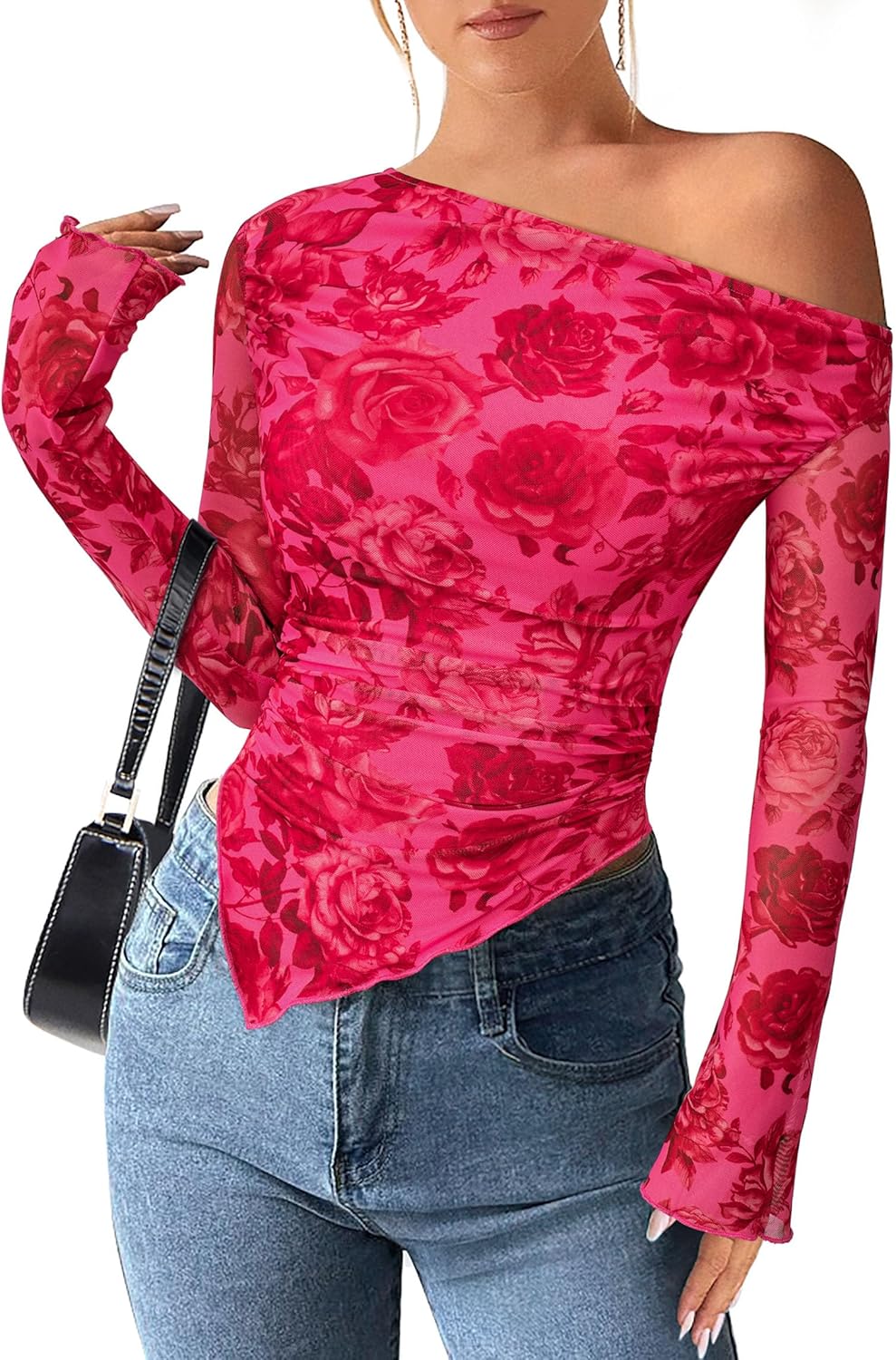 Womens Fall Trendy Off Shoulder Y2k Tops 2025 Tie Dye Mesh Long Sleeve Shirts Asymmetrical Ruched Floral Blouse