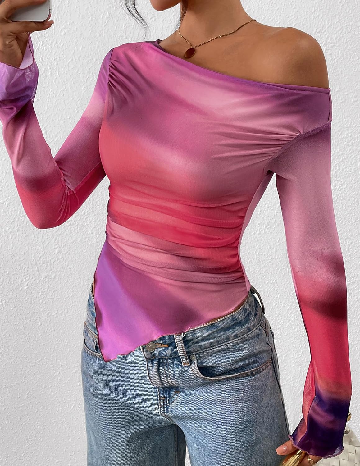 Womens Fall Trendy Off Shoulder Y2k Tops 2025 Tie Dye Mesh Long Sleeve Shirts Asymmetrical Ruched Floral Blouse