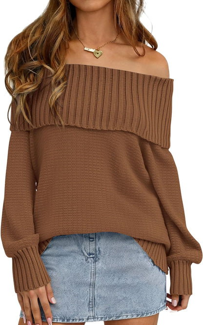 Womens Off The Shoulder Sweater Long Sleeve Tops Loose Knit Pullover Sweaters Fashion Fall Clothes 2025