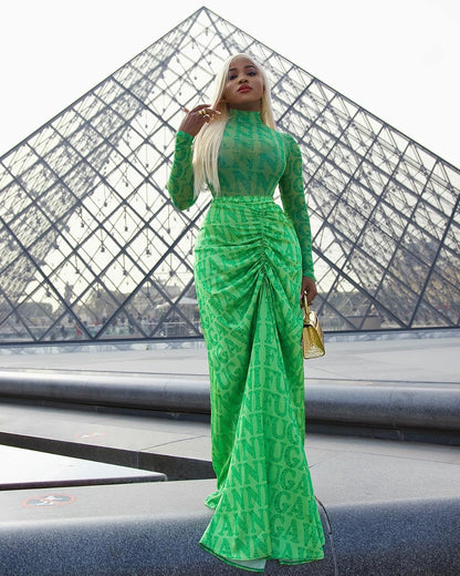 ksotutm Maxi Skirt Set Letter Print Mesh Top Long Seleeve Maxi Skirt Sexy Going Out Outfits for Women Two Piece Sets