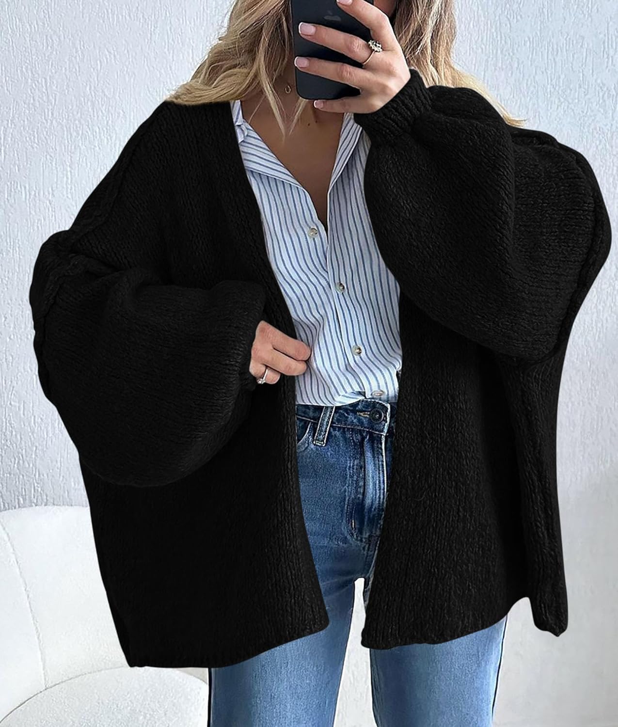 Womens Oversized Cardigan Sweaters 2025 Fall Long Lantern Sleeve Knit Open Front Lightweight Sweater