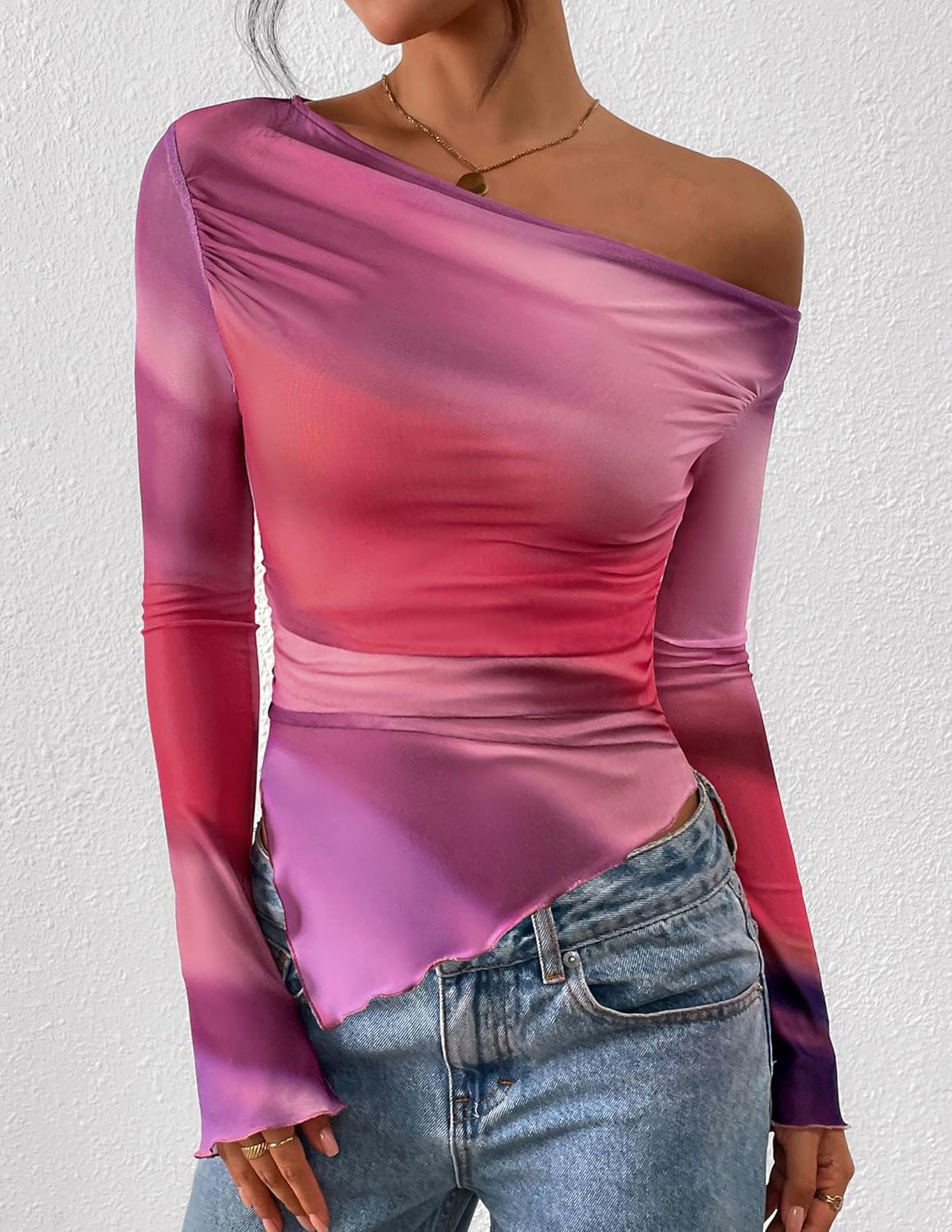 Womens Fall Trendy Off Shoulder Y2k Tops 2025 Tie Dye Mesh Long Sleeve Shirts Asymmetrical Ruched Floral Blouse