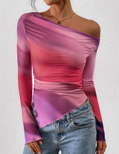 Womens Fall Trendy Off Shoulder Y2k Tops 2025 Tie Dye Mesh Long Sleeve Shirts Asymmetrical Ruched Floral Blouse