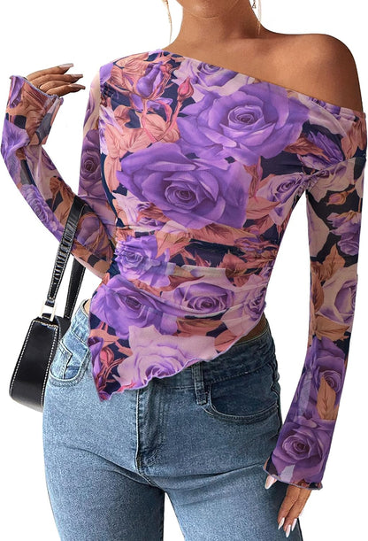 Womens Fall Trendy Off Shoulder Y2k Tops 2025 Tie Dye Mesh Long Sleeve Shirts Asymmetrical Ruched Floral Blouse