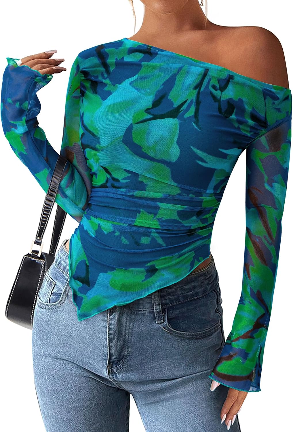 Womens Fall Trendy Off Shoulder Y2k Tops 2025 Tie Dye Mesh Long Sleeve Shirts Asymmetrical Ruched Floral Blouse