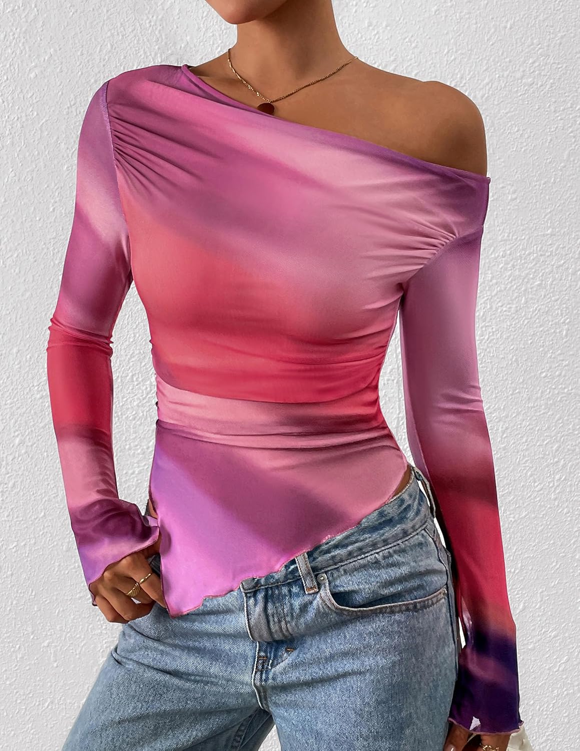 Womens Fall Trendy Off Shoulder Y2k Tops 2025 Tie Dye Mesh Long Sleeve Shirts Asymmetrical Ruched Floral Blouse