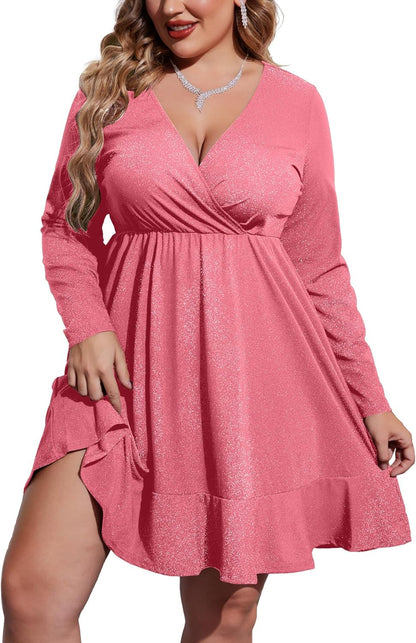 IN'VOLAND Plus Size Womens Glitter Dress V Neck Long Sleeve Ruffle Hem Swing Club Cocktail Party Dresses